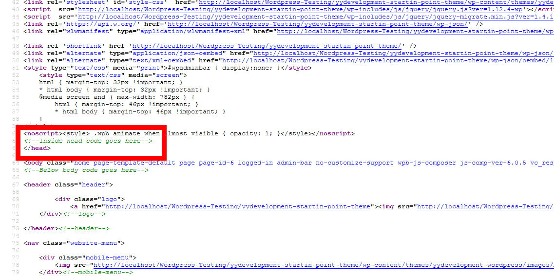The header code placment in the page itself