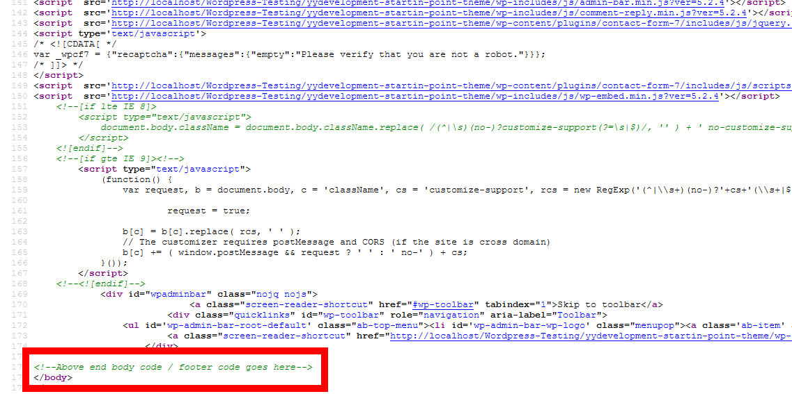 The footer code in the page above end body