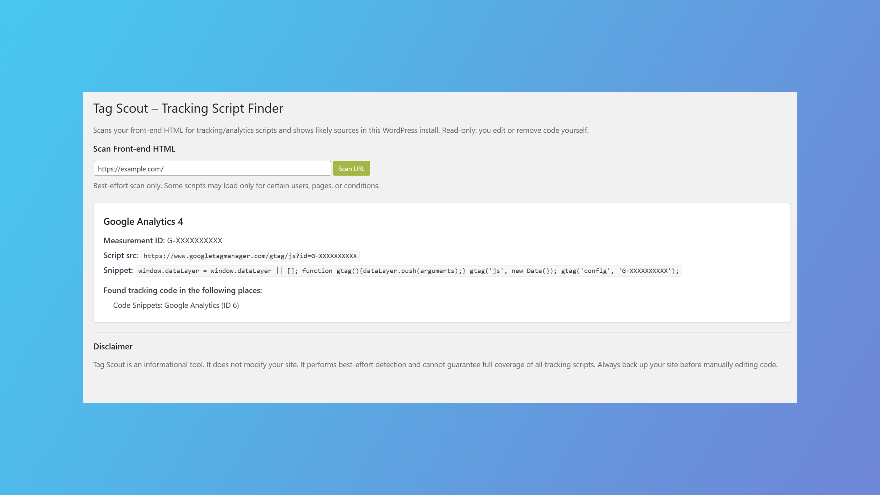 **Single tracking script view**\