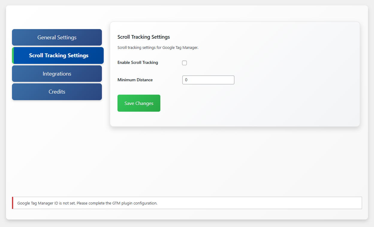 **Scroll Tracking Settings** - Enable scroll tracking and set a limit to track at a specific scroll depth.
