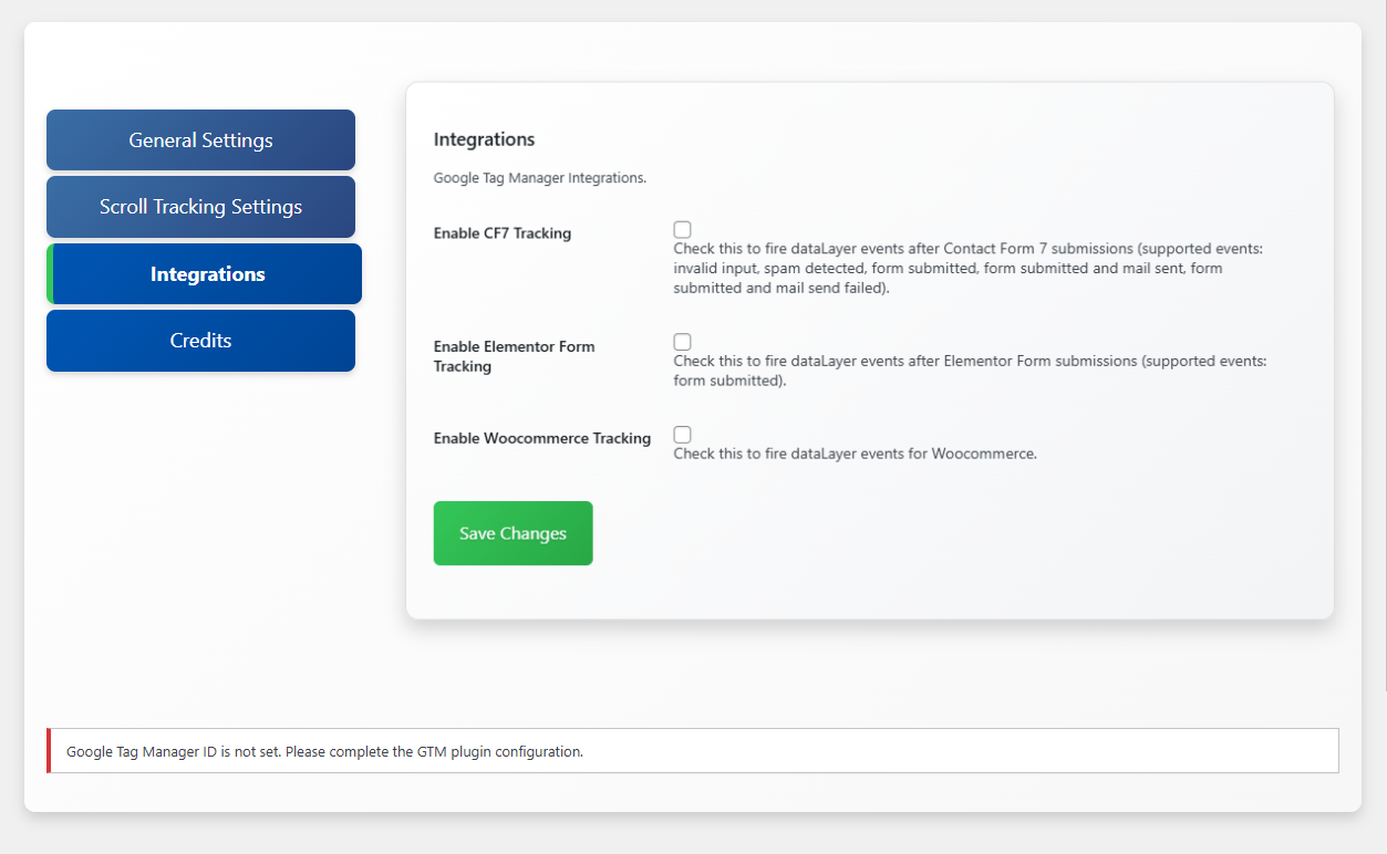 **Integrations Tab** - Enable scroll, form, and WooCommerce tracking options.