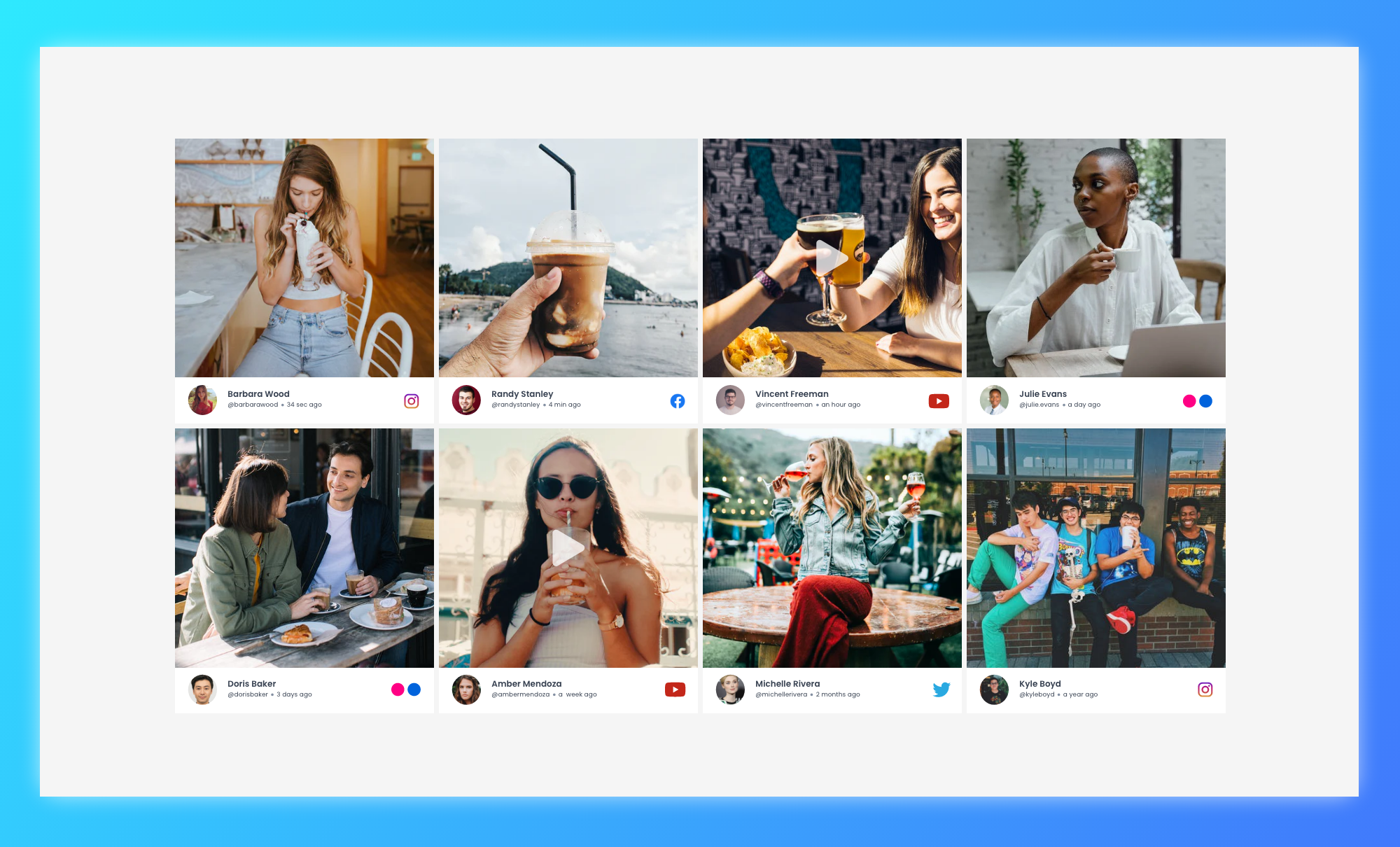 Example preview of Instagram Feed, Facebook Feed, YouTube Videos, Twitter Feed widget