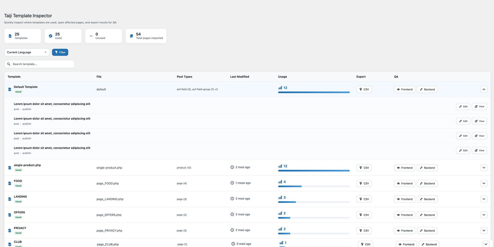 Expandable template rows revealing the individual pages and posts assigned to each template
