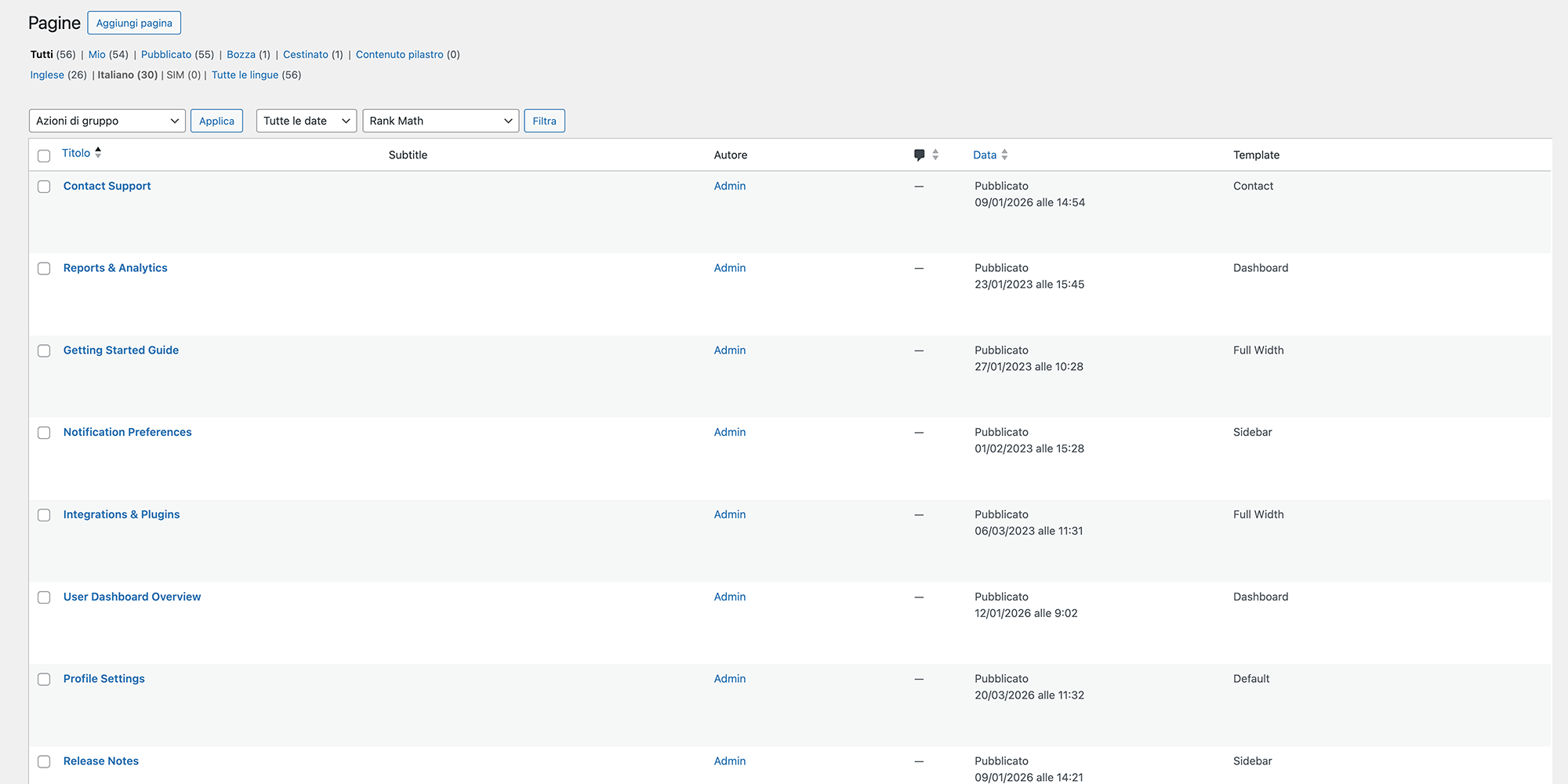 Native WordPress pages list with the added Template column for at-a-glance visibility