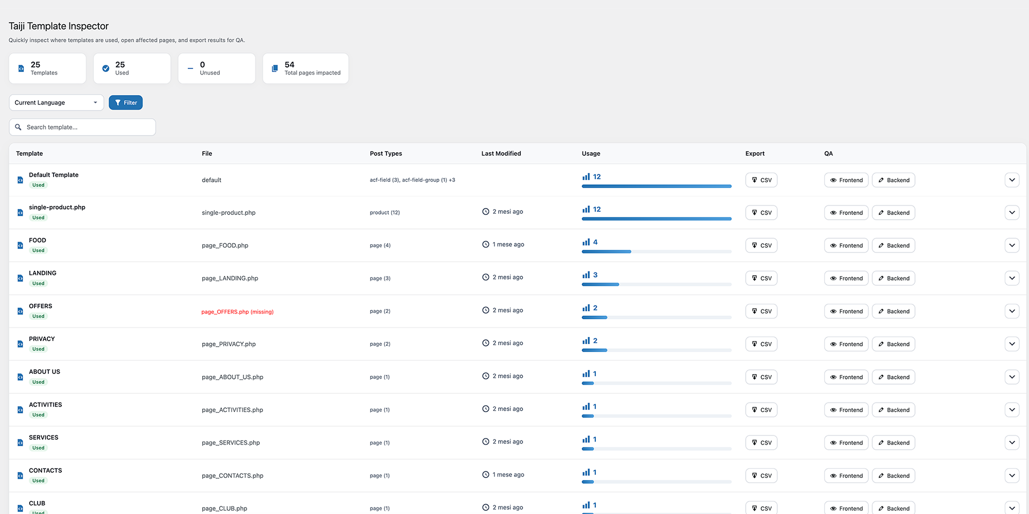 Orphaned template detection — missing theme files are automatically flagged in red