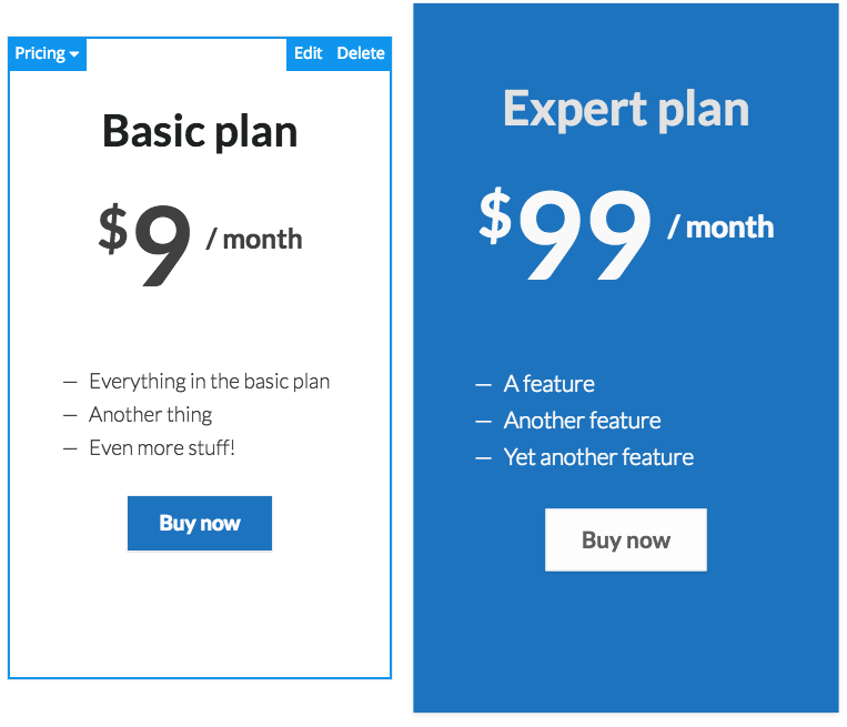 **Pricing element** - Display your pricing structure using pricing tables.  Create a column structure to highlight multiple pricing plans.