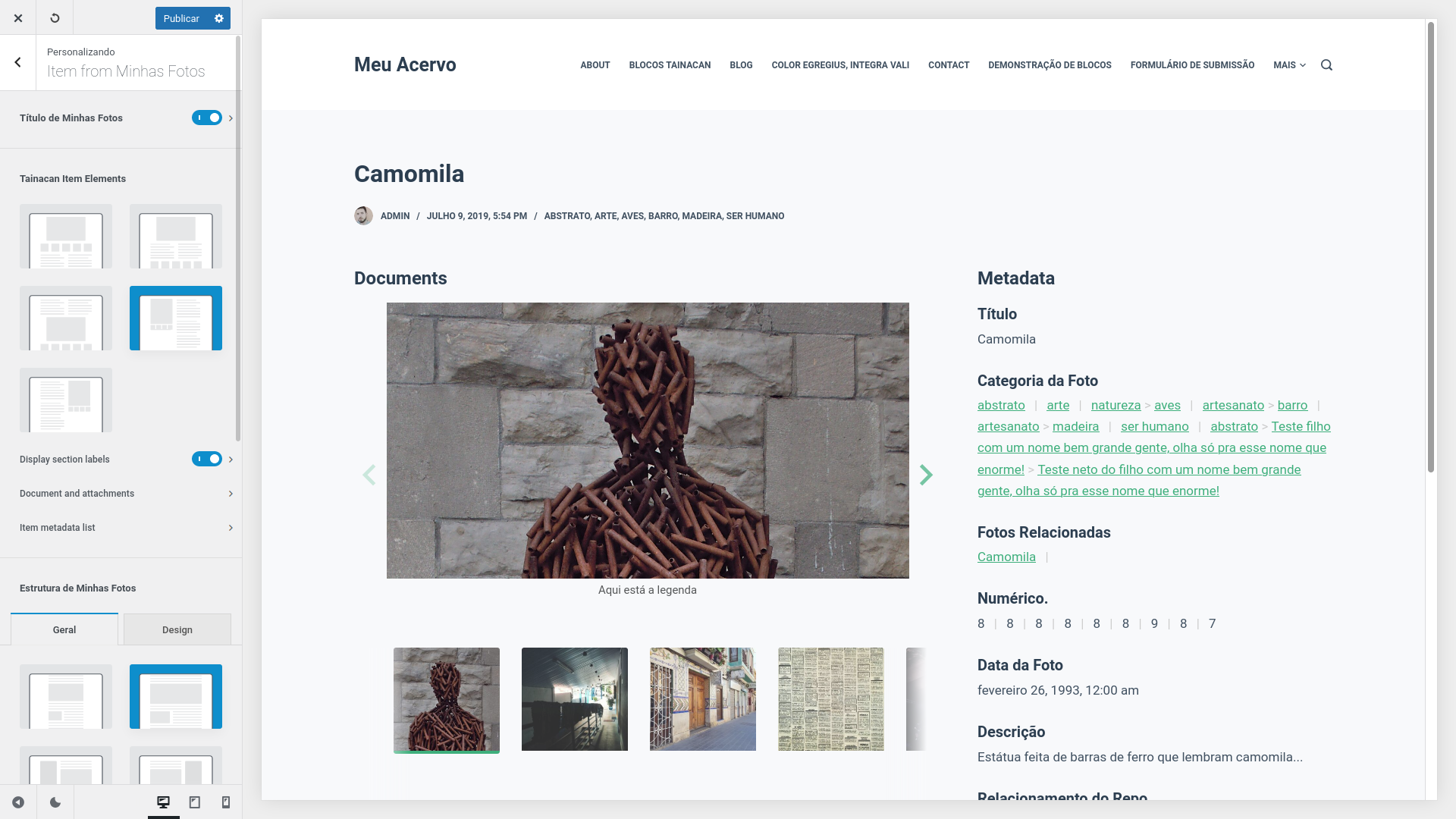 The single item page can be customized for different layouts, so you can decide how to display the document, attachments and metadata;