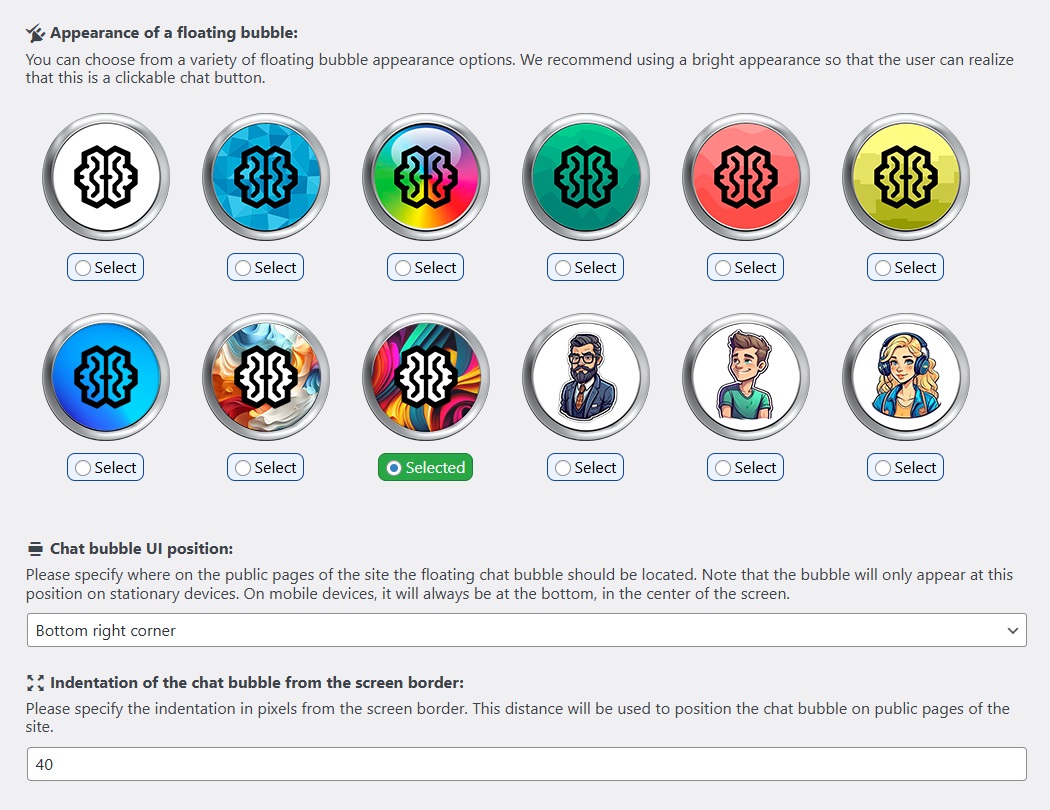 Chat bubble appearance settings for public pages of the site