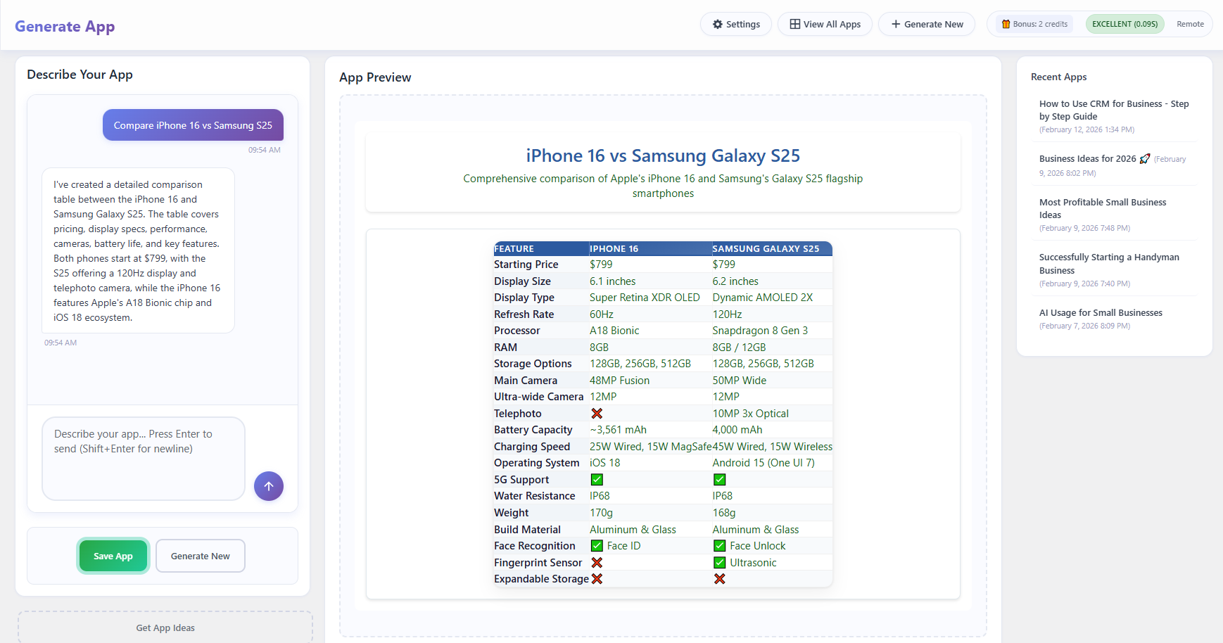 **Comparison Table** - AI-researched comparison tables with specs, checkmarks, and formatting
