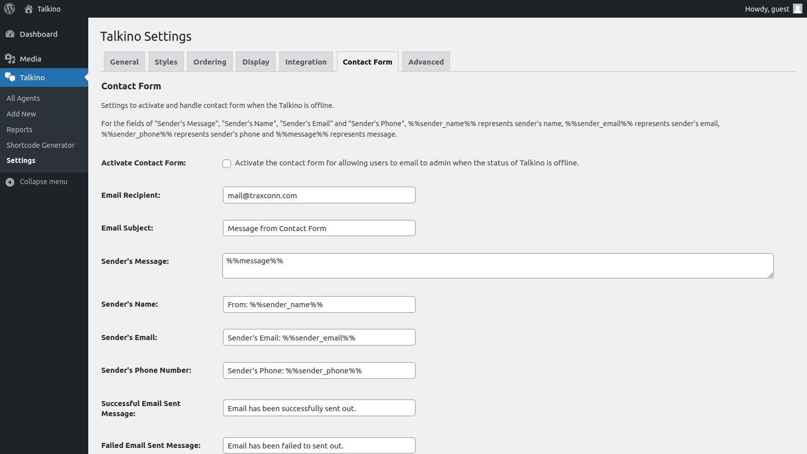 Setup the activation and global online status of Talkino together with the premium feature of online schedule
