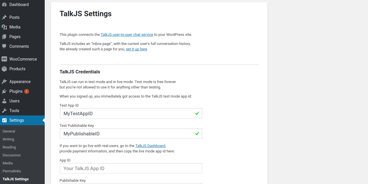 The TalkJS settings page