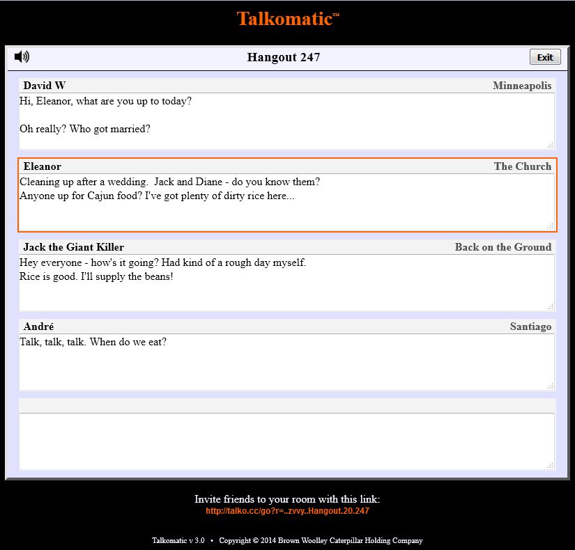 Sample of a Talkomatic chat room with four participants