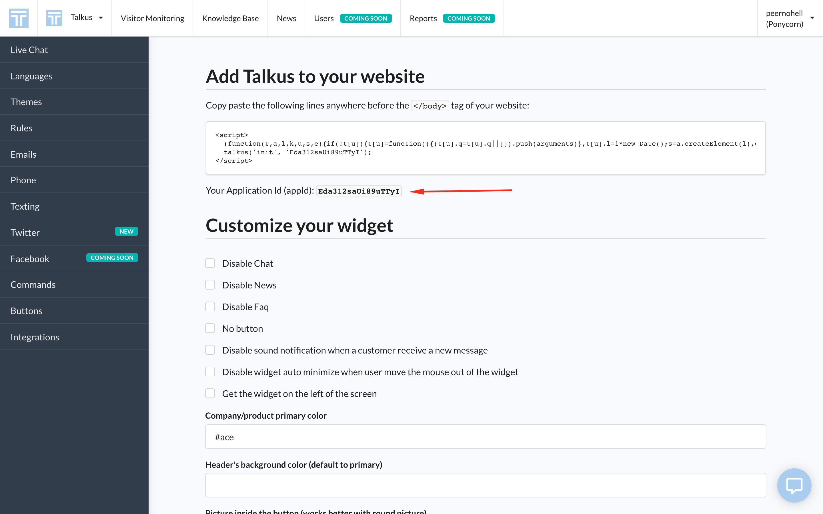 Talkus settings page - find your Application Id