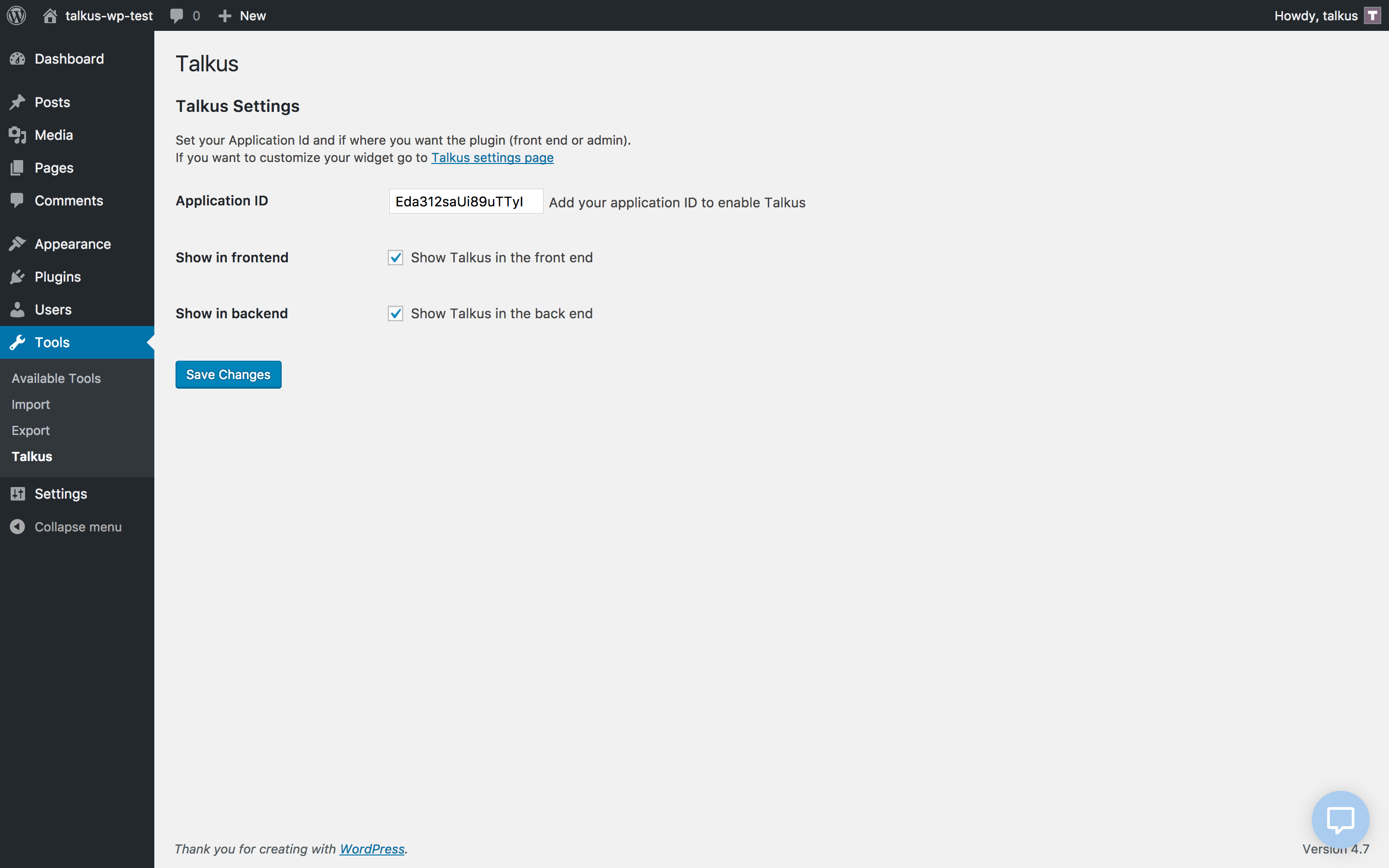 Talkus WordPress settings - setup with your Application Id