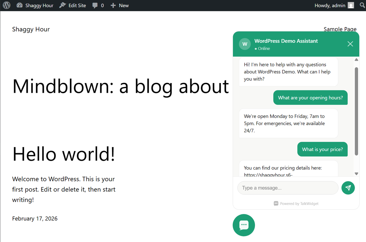 The chat widget live on a WordPress site, showing a real conversation with a visitor.