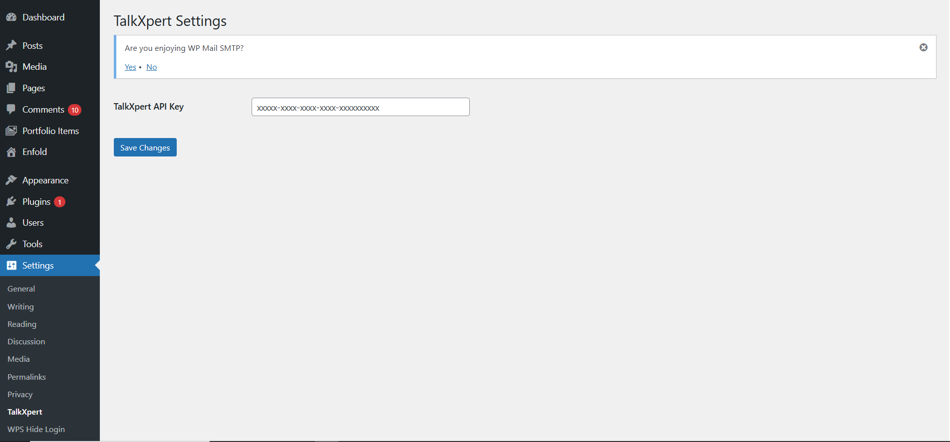 Settings screen for entering your API key