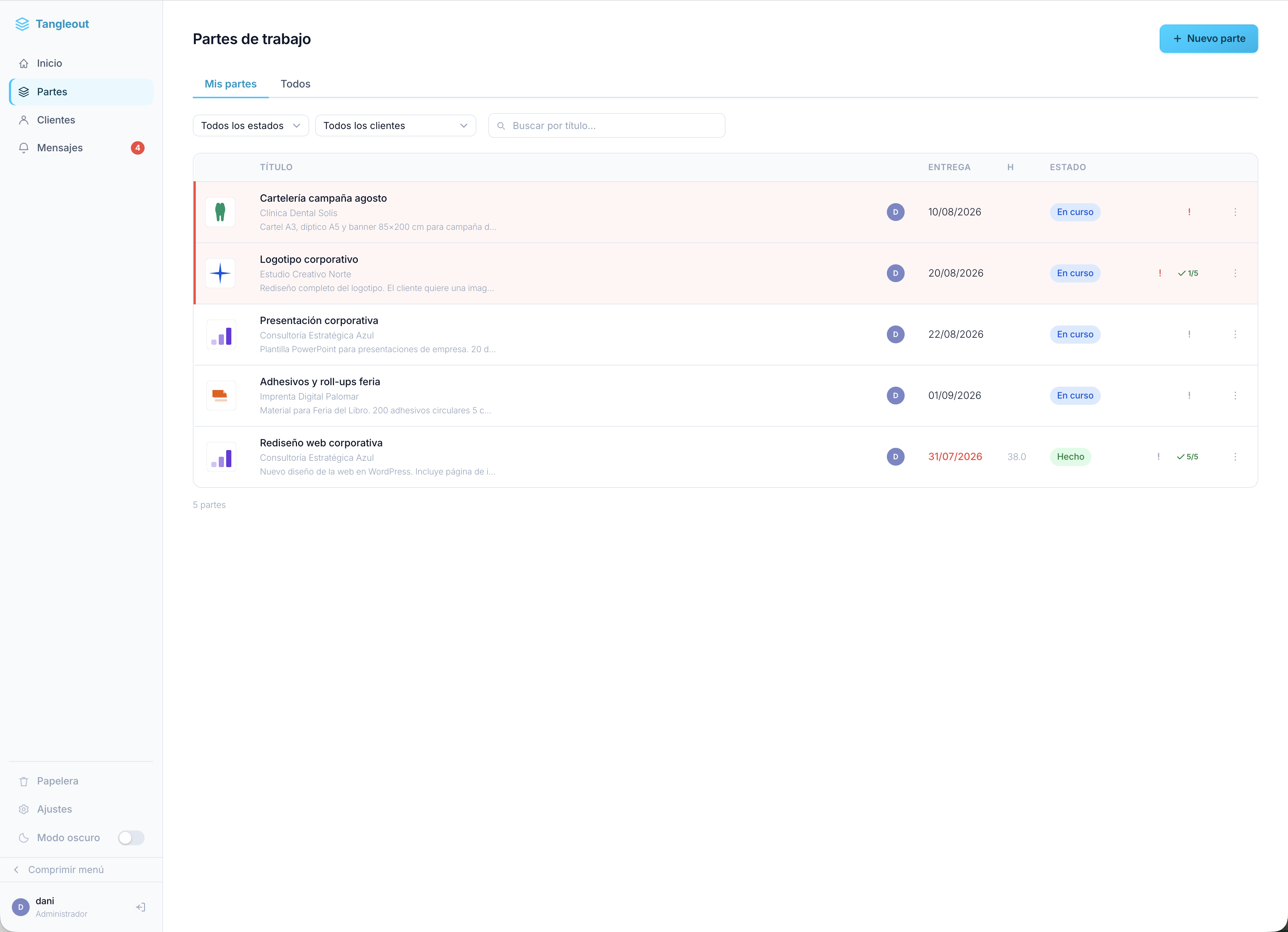 Work order detail view with chat, checklist and inline editing.
