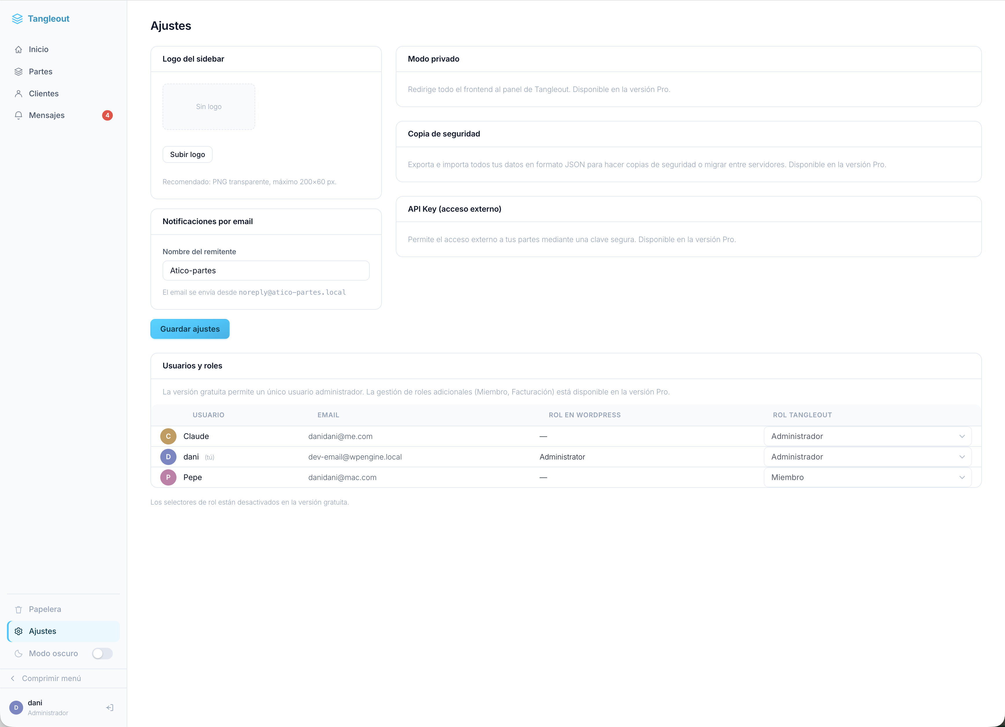Settings page.