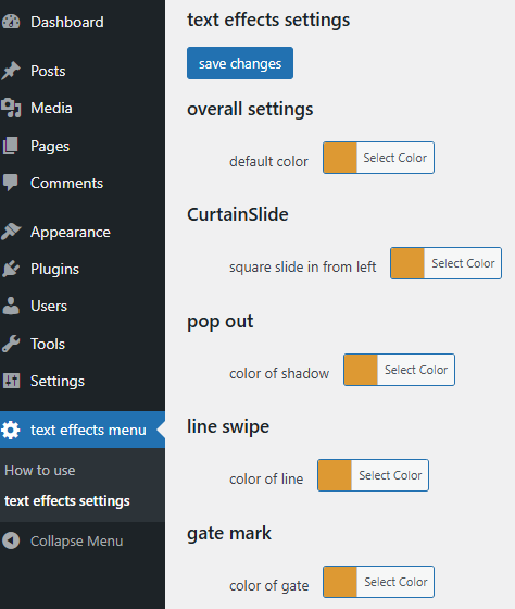 The default color settings and other options can be configured from the "Text Effects" menu in the dashboard.