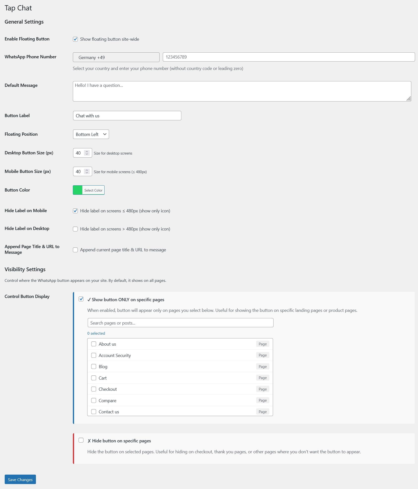 Settings page (Tap Chat options in the dashboard).