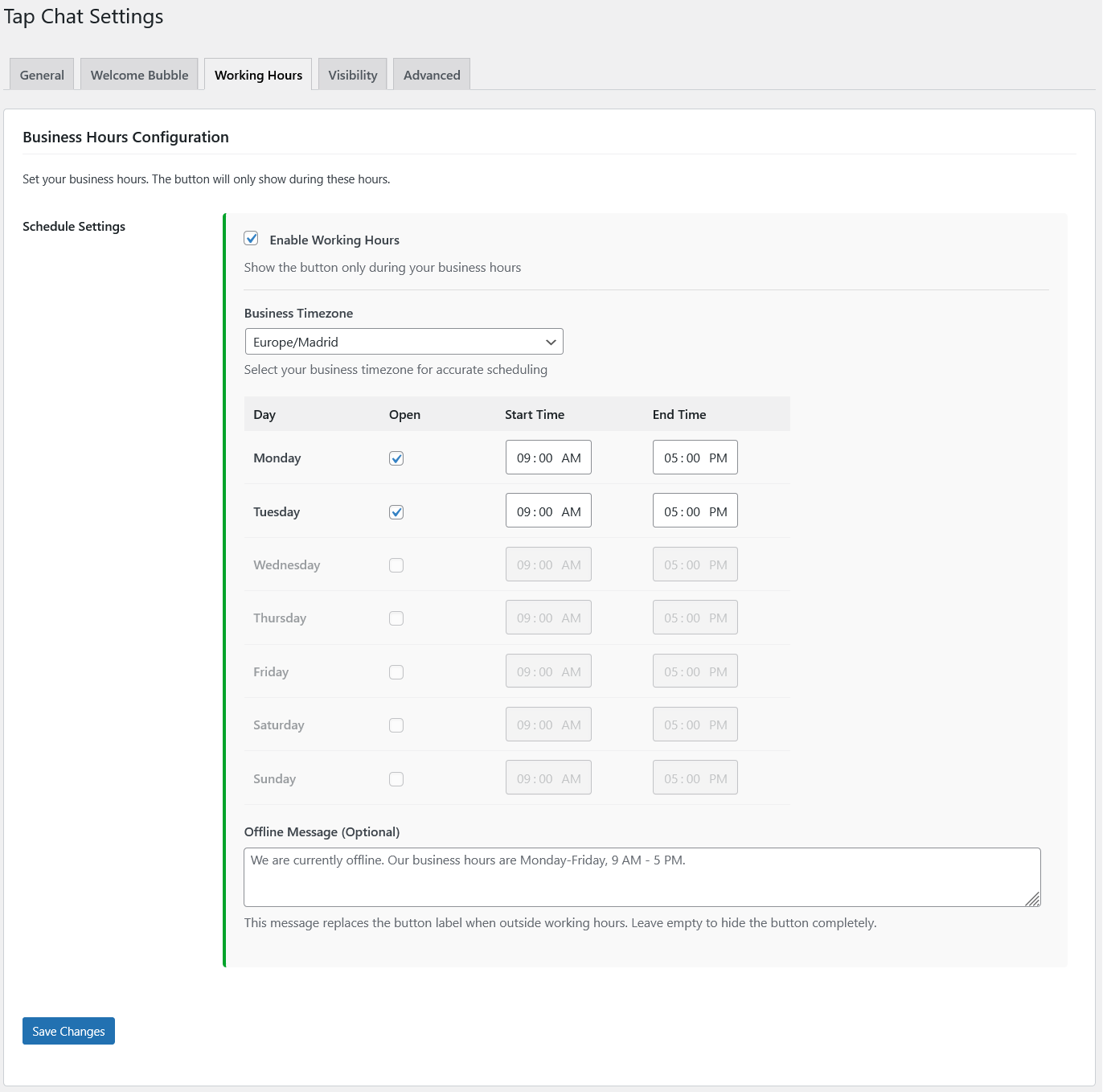 **Business Hours** - Set schedule with timezone support