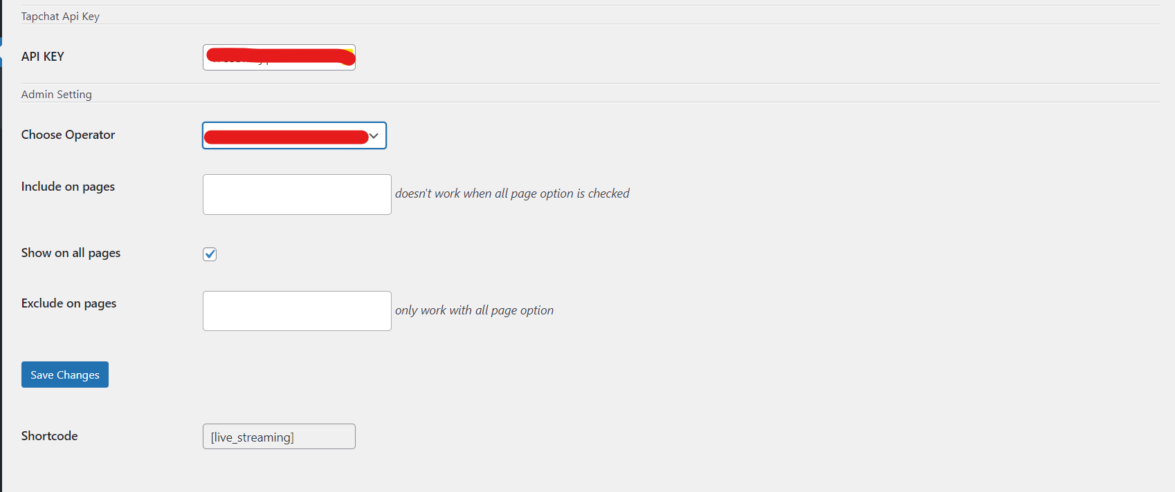 Setting Screen to setup the tapchat - Admin Panel.
