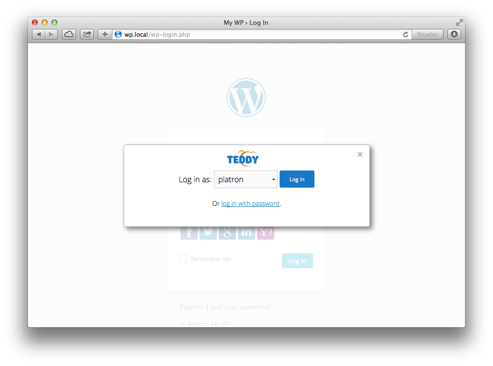 An example WP login page with TeddyID widget above it.