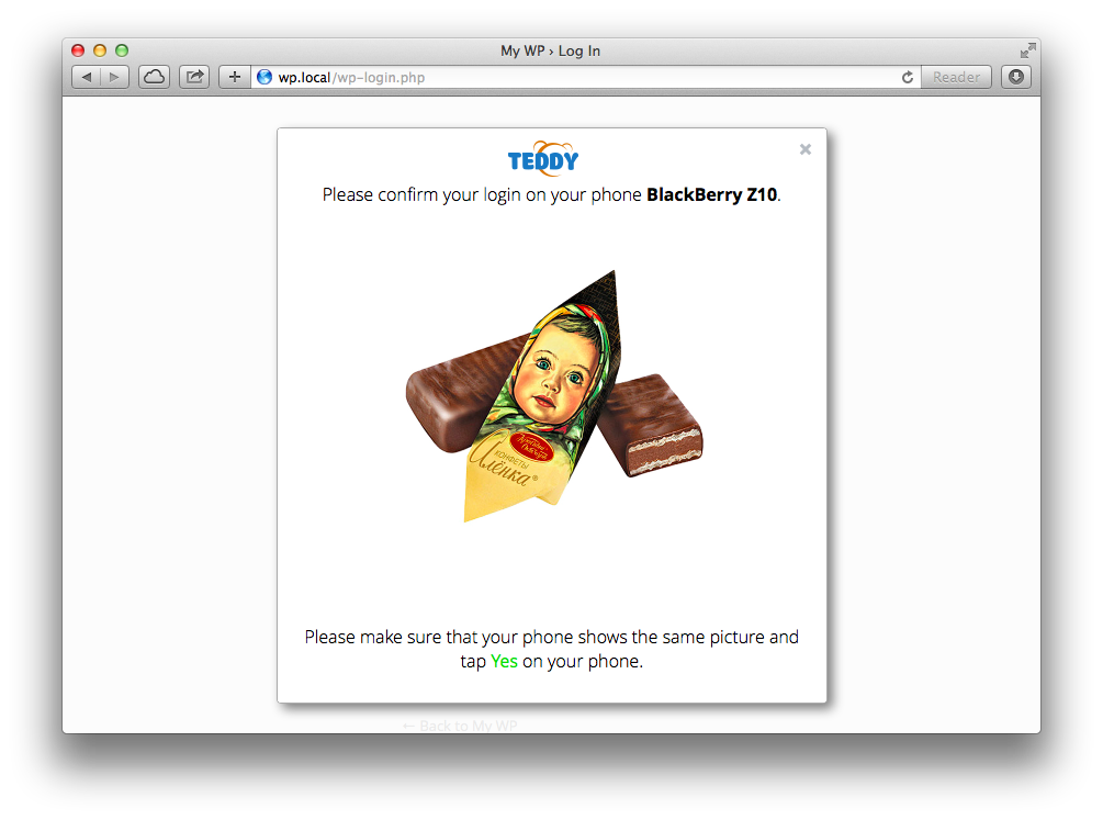 An example WP login page with confirmation picture. User needs to compare this picture with the picture sent to his phone and tap Yes on the phone. He'll be logged in in a few seconds.