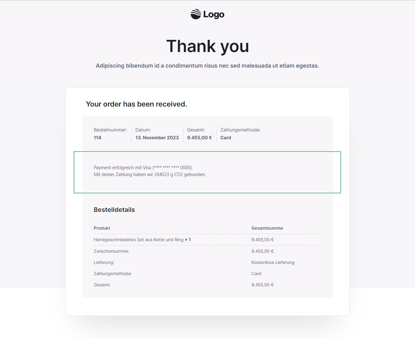 An all-around experience: Payment information and the impact generated are displayed on your thank you page.