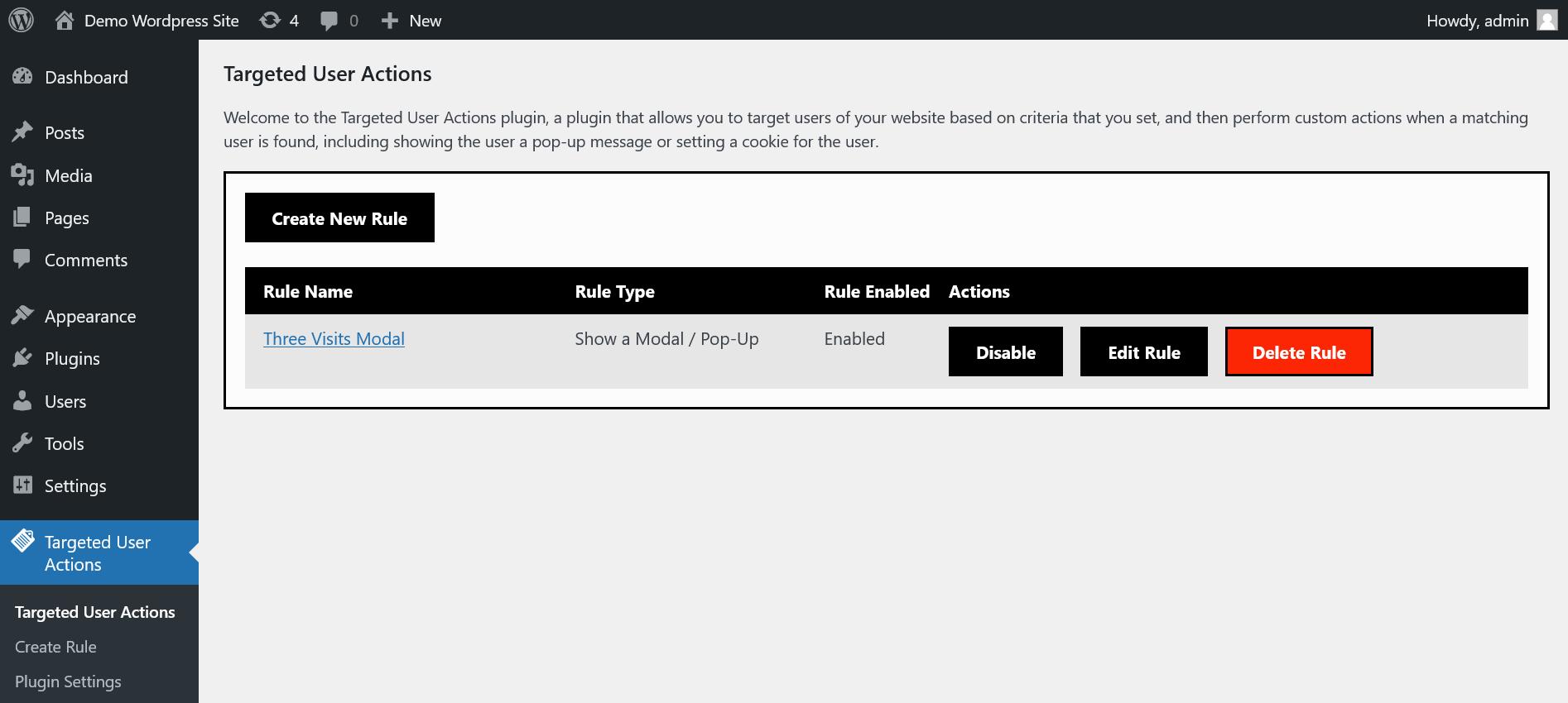 Easily view, edit, disable or delete all of your targeted rules.