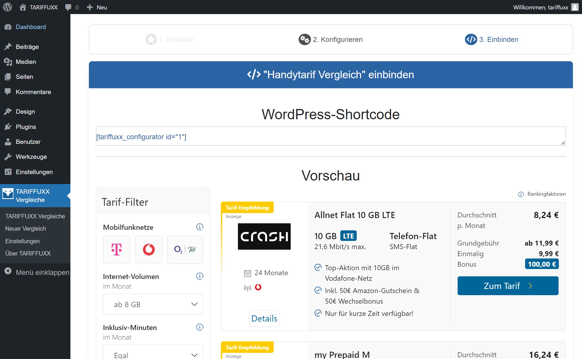 Admin: Vorschau und Shortcode integrieren / *Preview and short code*