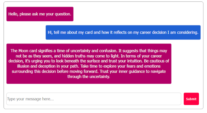 Screenshot of a live chat with the AI Tarot Reader