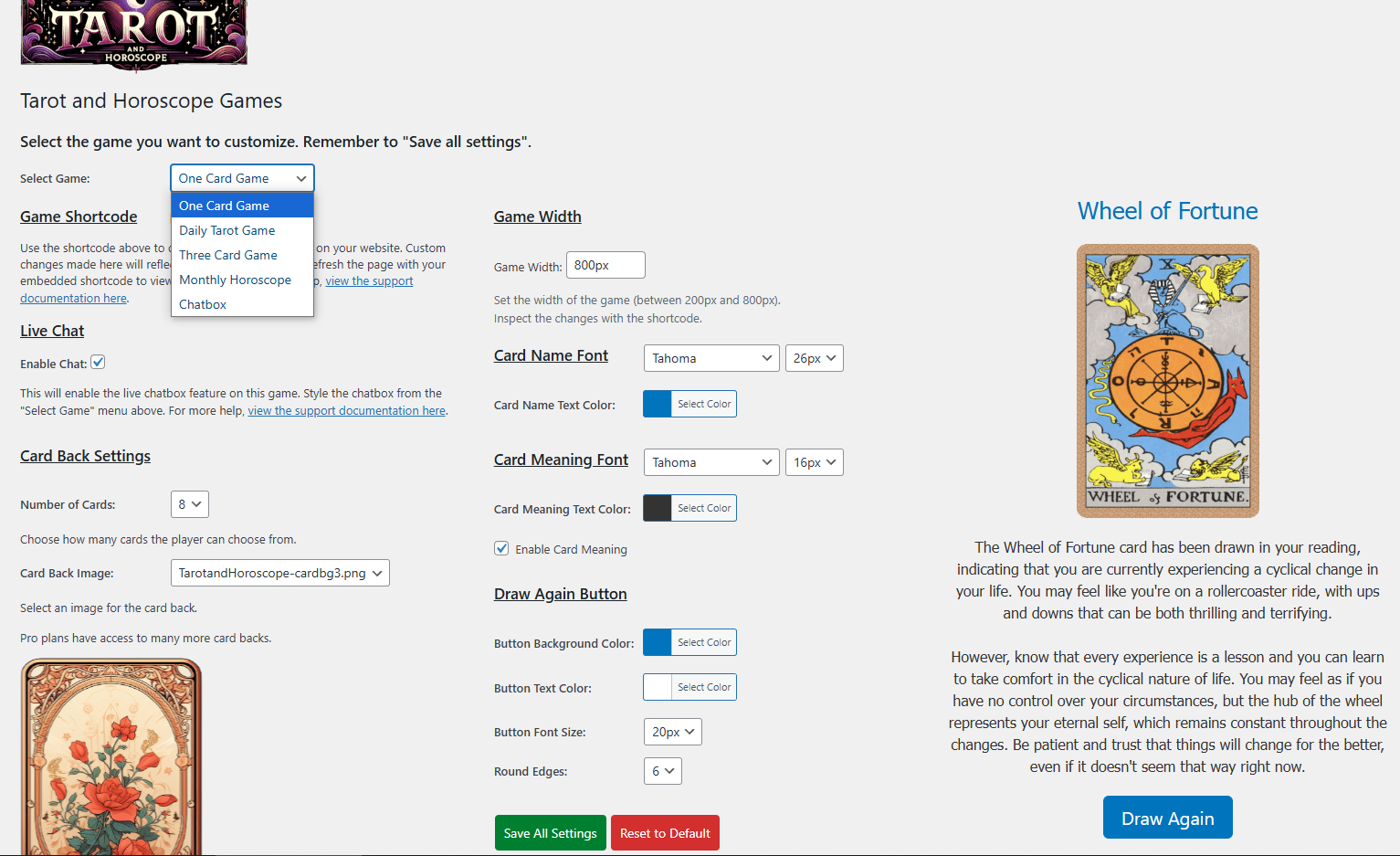 Game customization options in the admin dashboard.