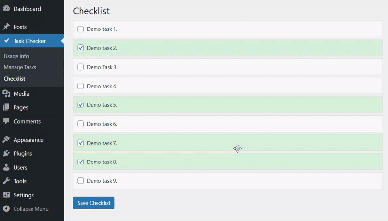 Example of reordering tasks by using drag and drop