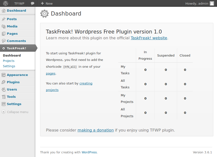 After installing the plugin, go to the 'TaskFreak!' menu