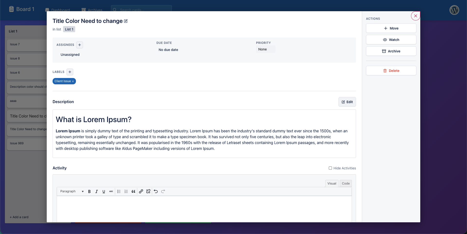 Card detail modal with all options