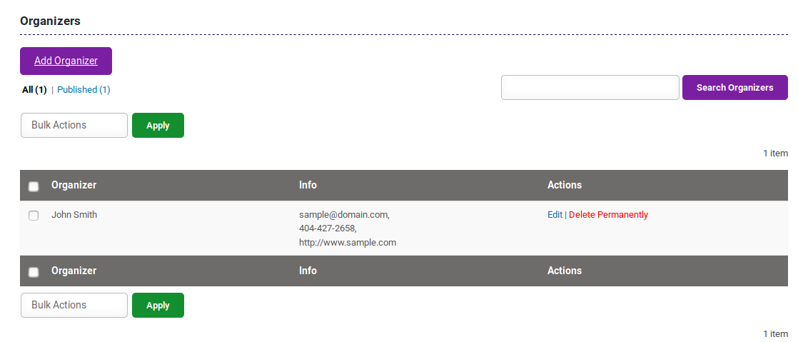 Organizer Settings