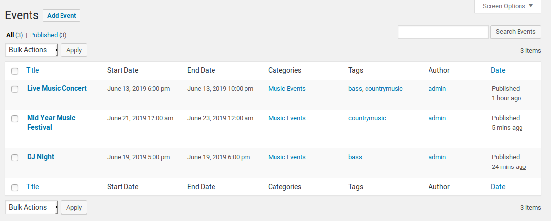 List of Events - Admin View