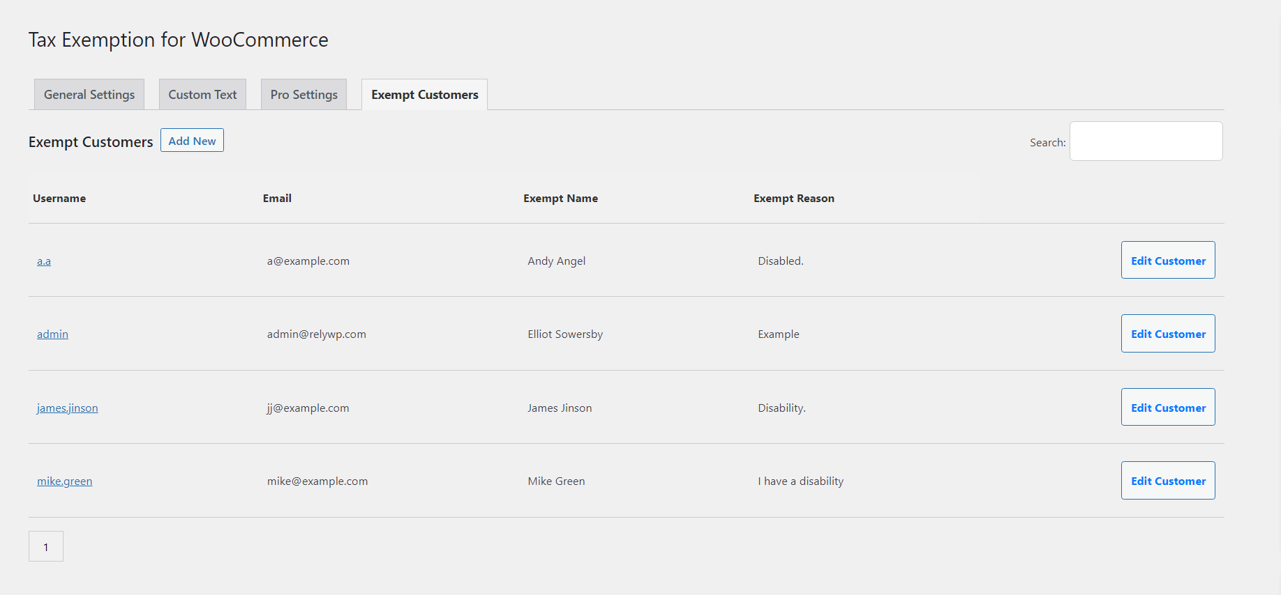 Example of tax exempt users management section.