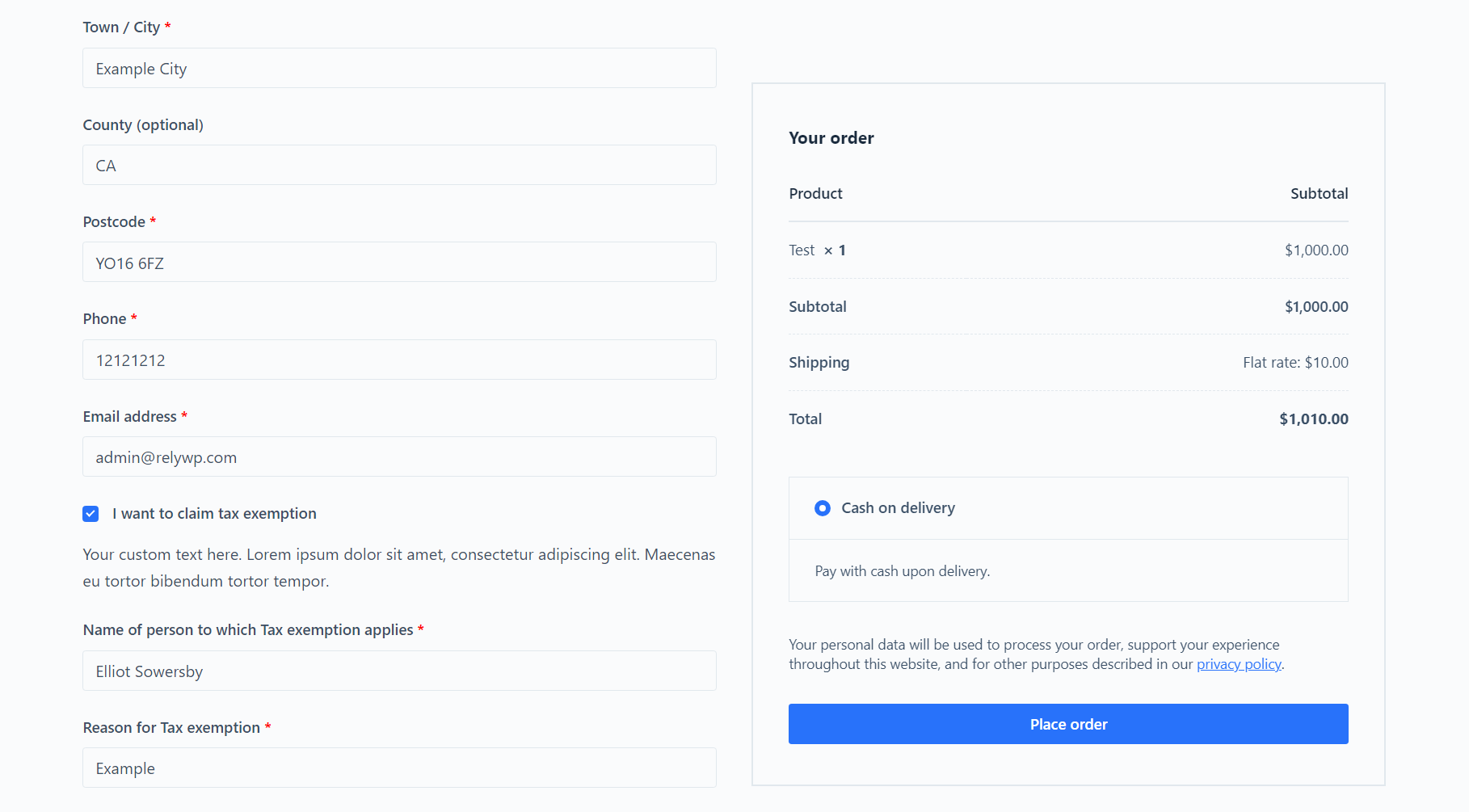 Example of tax exemption form on checkout page.