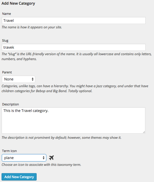 Adding a new "Travel" category with the plane icon.