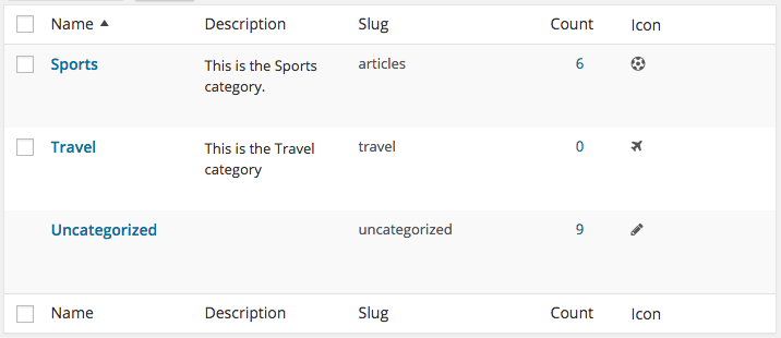 Icons automatically display in all admin views to easily see which taxonomy terms do/don't have icons.