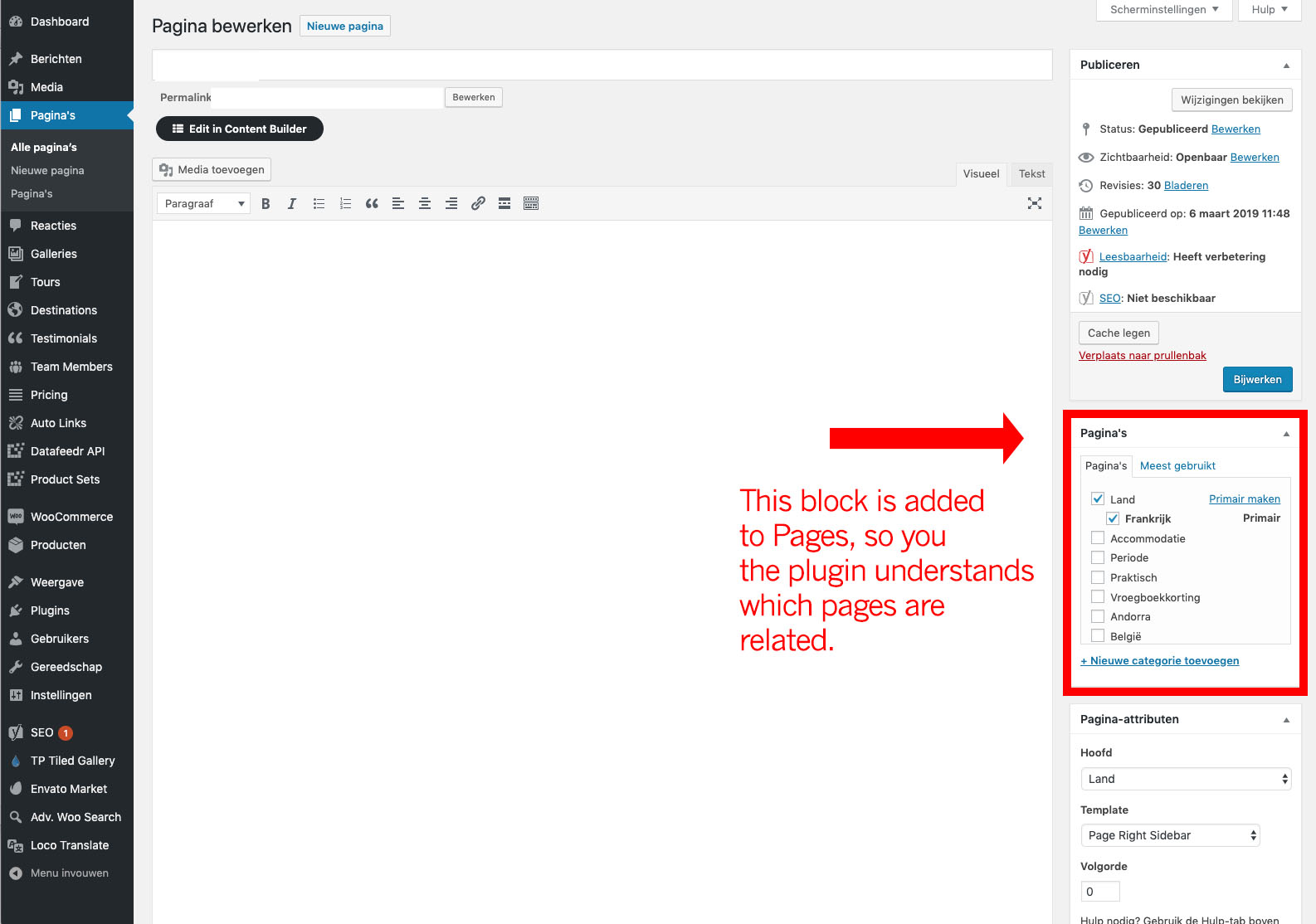 The added taxonomy to sidebar of pages.