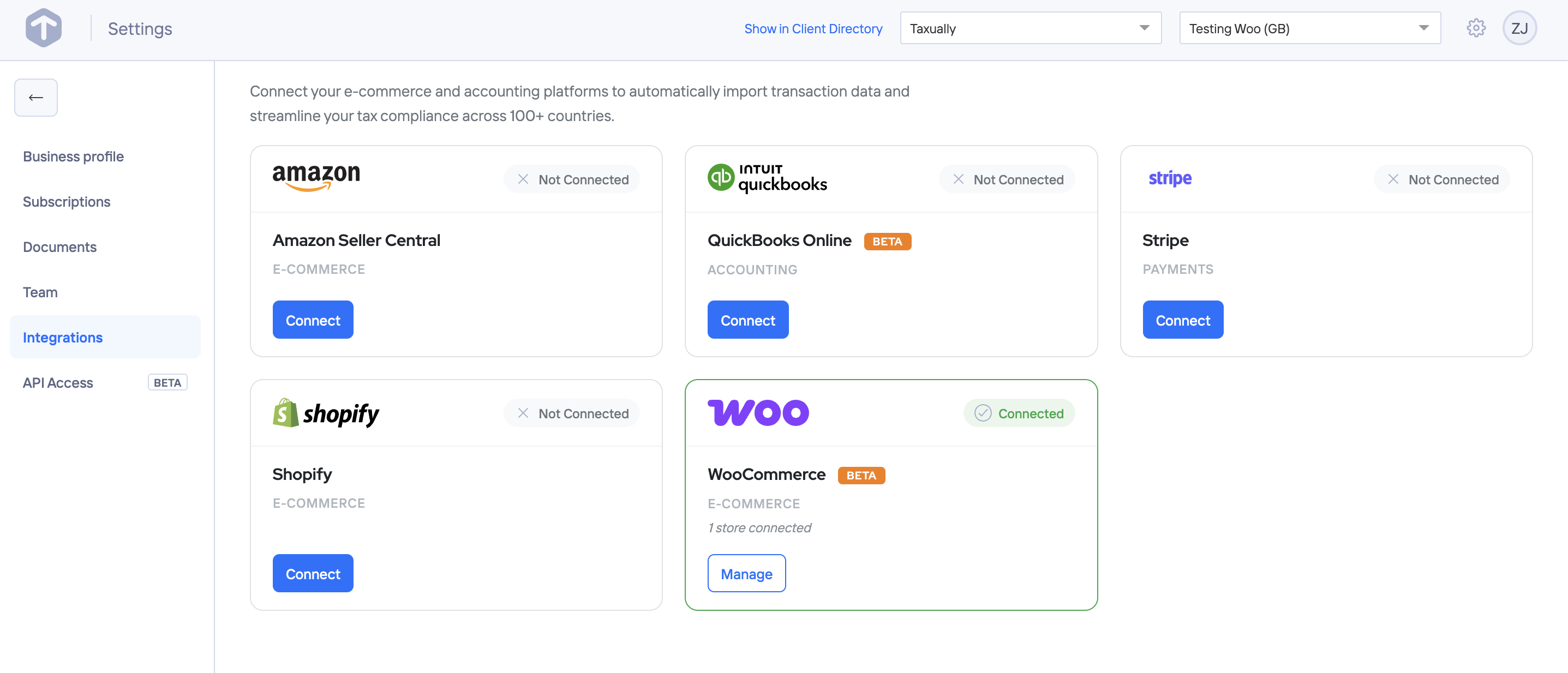 Connected state - View your connection status and disconnect option. Taxually automatically syncs your transaction data for tax compliance.
