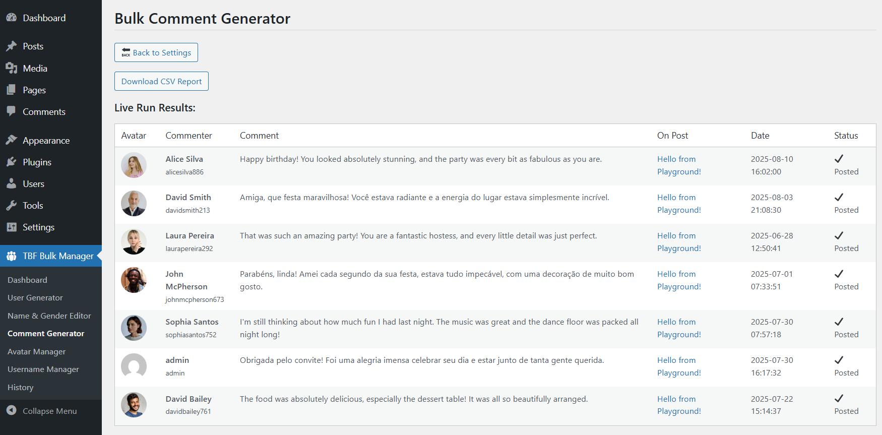 **The Main Dashboard:** Get a high-level overview of your site's user and avatar statistics, with quick links to all the powerful tools included in the plugin.