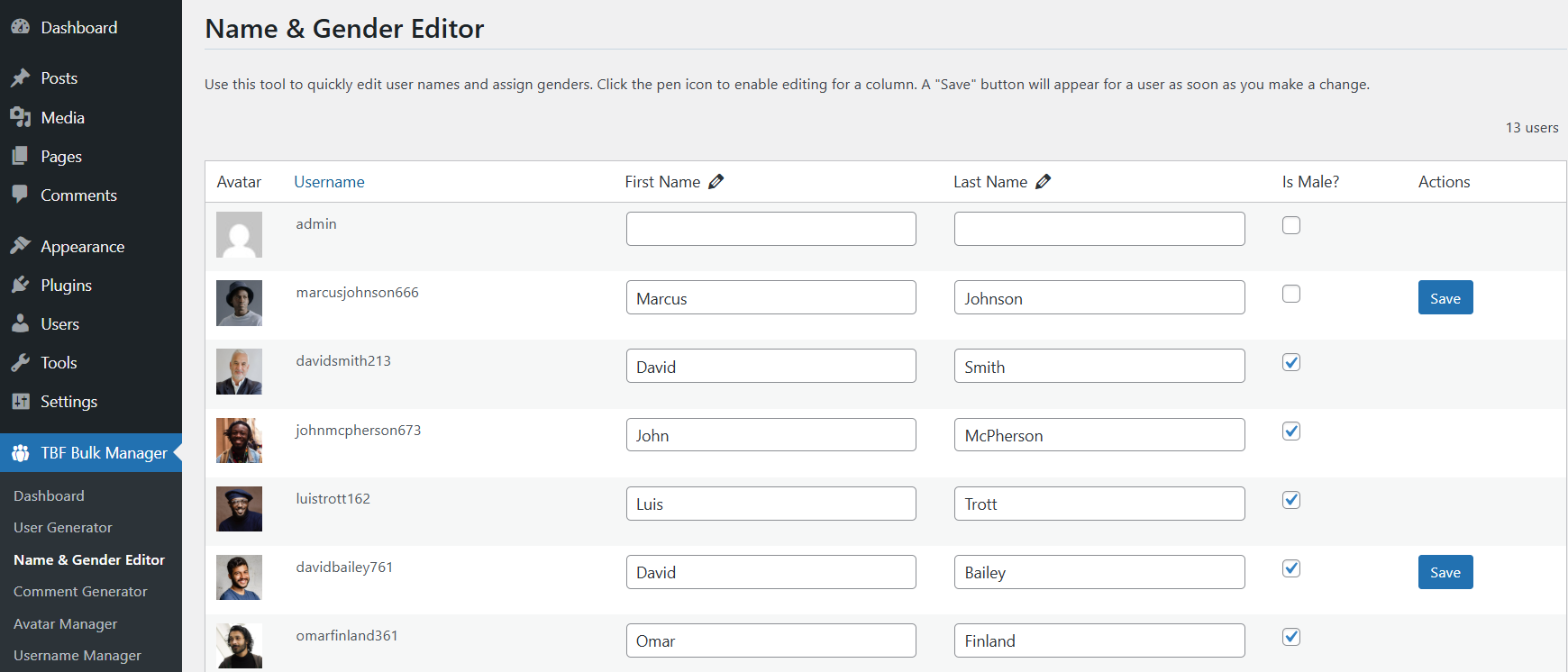 **Avatar Manager - Main View:** Easily manage your avatar pools. Upload separate sets of male and female avatars and see at a glance how many are available for assignment.