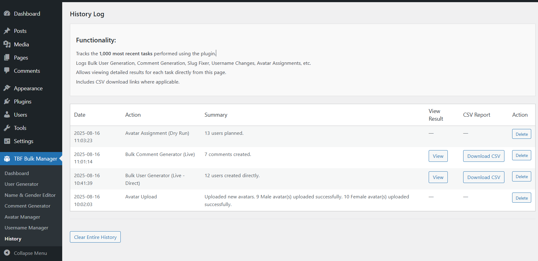 **Bulk User Generator - Step 2: Dry Run Preview:** Before creating any users, the plugin provides a detailed preview table showing every user that will be generated, including their proposed username, name, gender, and assigned avatar.