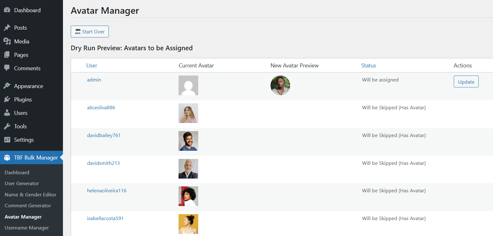 **Bulk Comment Generator - Step 2: Dry Run Results:** Review every comment that will be posted. The preview table shows the commenter's avatar and name, the comment content, the target post, and the exact date and time it will be posted.