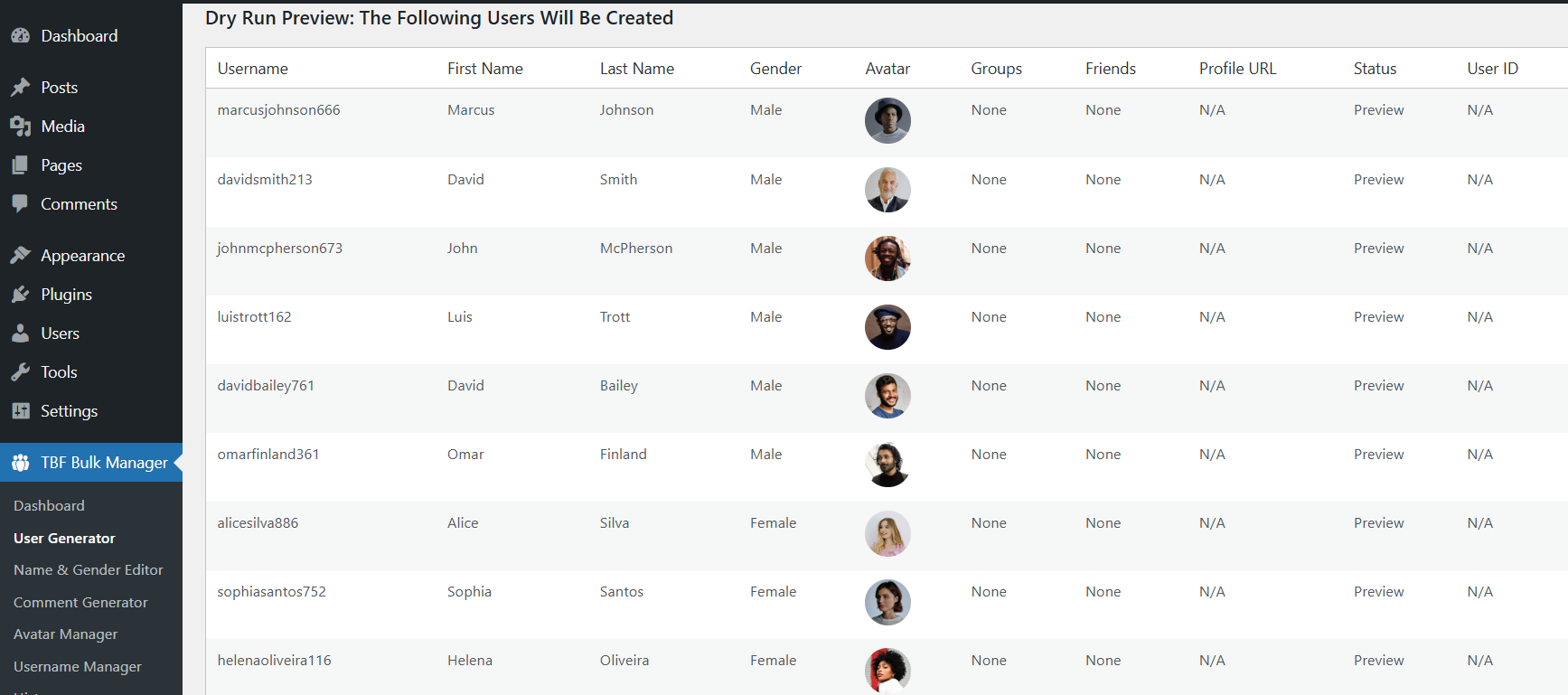 **Username Manager - Settings:** Easily clean up user data. This tool allows you to find users based on criteria (e.g., username contains 'gmail') and set a new, clean username format.
