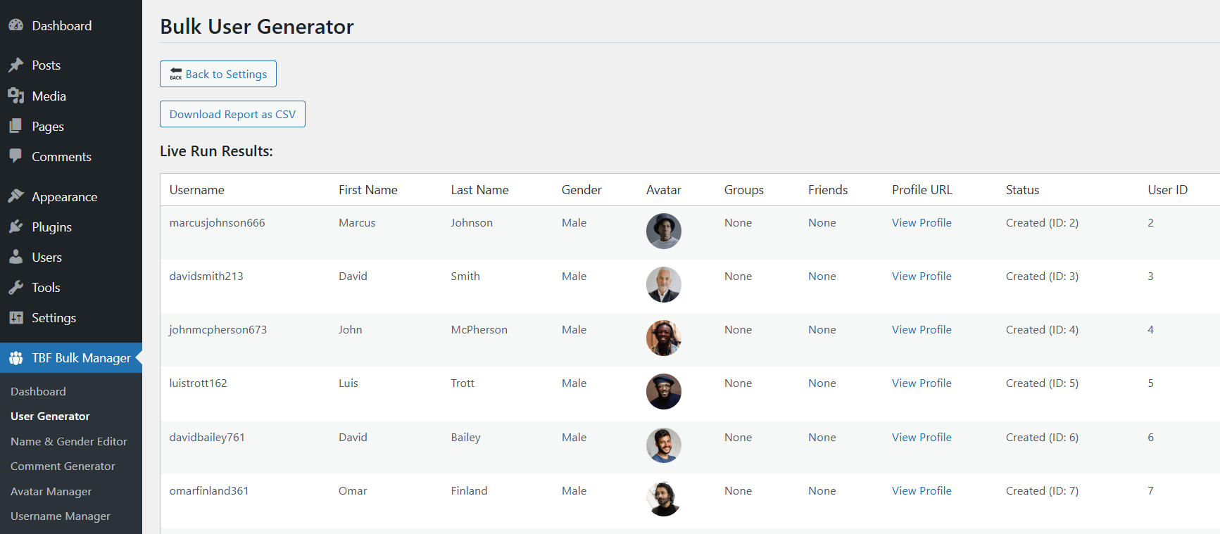 **History Tab - Overview:** The plugin keeps a detailed log of every major action you perform. The history tab provides a clear overview of each task, including a summary and links to view detailed results or download a CSV report.